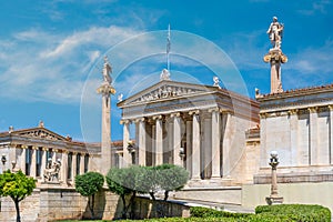 National Academy of Athens neo classical building with the pediment on the theme of the birth of goddess Athena. Statues of Athena