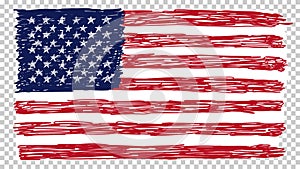 National American flag, transparent background. Brush stroke grunge dirty flag of USA.