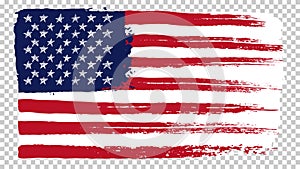 National American flag, transparent background. Brush stroke grunge dirty flag of USA.