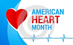 National american heart month banner with logo. Heart and cardiology concept design. Vector illustration ECG graph and red heart