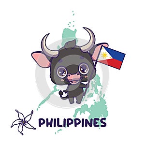 National animal carabao holding the flag of Philippines. National flower sampaguita jasmine displayed on bottom left