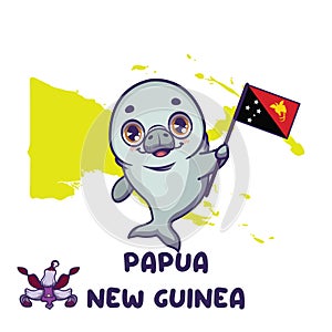 National animal dugong holding the flag of Papua New Guinea. National flower dendrobium lasianthera displayed on bottom left