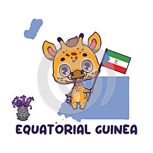 National animal giraffe holding the flag of Equatorial Guinea. National flower vernonia djalonensis displayed on bottom left