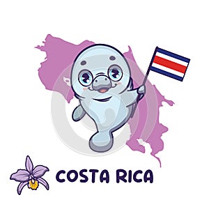 National animal manatee holding the flag of Costa Rica. National flower purple country girl displayed on bottom left