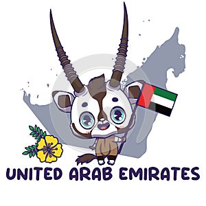 National animal oryx holding the flag of United Arab Emirates. National flower tribulus omanese displayed on bottom left