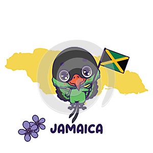 National animal red billed streamertail holding the flag of Jamaica. National flower lignum vitae displayed on bottom left
