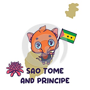 National animal shrew holding the flag of Sao Tome and Principe. National flower porcelana rose displayed on bottom left photo