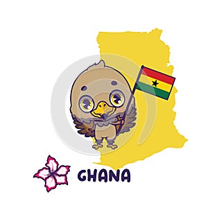 National animal tawny eagle holding the flag of Ghana. National flower impala lily displayed on bottom left