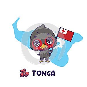 National animal tongan megapode holding the flag of Tonga. National flower heilala displayed on bottom left photo