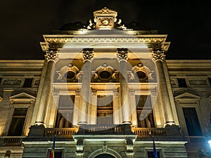 National Bank of Romania building, in Bucharest. Night scene.