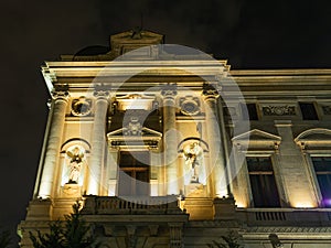 National Bank of Romania building, in Bucharest. Night scene, close up architectural details..