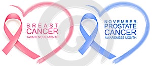 National breast cancer awareness month. Poster pink ribbon, text and heart shape. November prostate cancer awareness blue ribbon