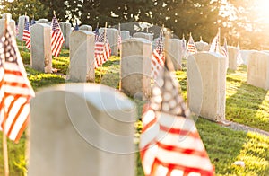 National Cemetery with a flag on Memorial day in Washington,Usa.