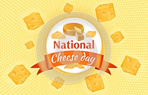 National cheese day, food banner. Milk breakfast, holiday celebration poster, healthy dinner meal. Falling square cheez