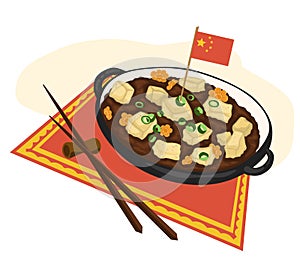 National Chinese cuisine. Delicious tofu dish. Vector illustration in cartoon style can be used for menus, recipes, applications