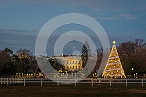 The National Christmas Tree and White House at night, in Washington, DC