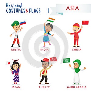 National costumes and flags of the nations - Kids of the world - Asia