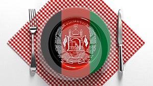 National cuisine and dishes of Afghanistan. Delicious recipes. Flag on a plate with food from Afghanistan. Traditions.