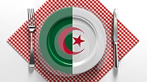 National cuisine and dishes of Algeria. Delicious recipes from Europe. Flag on a plate with food from Algeria.