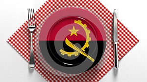 National cuisine and dishes of Angola. Delicious recipes from Europe. Flag on a plate with food from Angola.