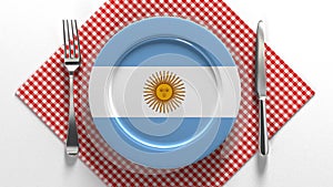 National cuisine and dishes of Argentina. Delicious recipes from Europe. Flag on a plate with food from Argentina.