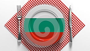 National cuisine and dishes of Bulgaria. Delicious recipes from Europe. Flag on a plate with food from Bulgarian.