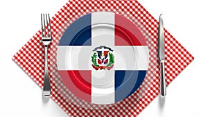 National cuisine and dishes of the Dominican Republic. Flag on a plate with food from Dominican Republic.