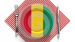 National cuisine and dishes of Guinea. Delicious recipes from Africa. Flag on a plate with food from Guinea.