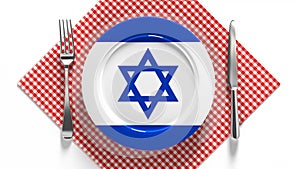 National cuisine and dishes of Israel. Delicious recipes from Asia. Flag on a plate with food from Israel.
