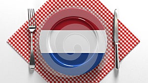 National cuisine and dishes of the Netherlands. Delicious recipes from Europe. Flag on a plate with food from