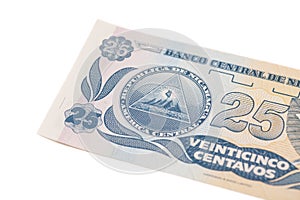 National currency of Nicaragua.25 centavo de cordoba banknote. photo