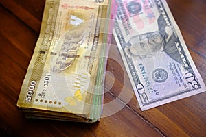 national currency of Sri Lanka, paper money bills Rupee banknotes, coins on wooden table, devaluation, high inflation of state,