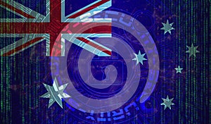 National cyber Security of Australia on digital background Data protection, Safety systems concept. Lock symbol on dark flag