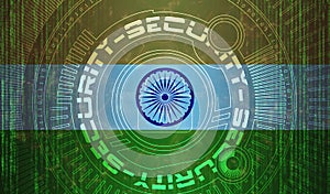 National cyber Security of India on digital background Data protection, Safety systems concept. Lock symbol on dark flag