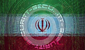 National cyber Security of Iran on digital background Data protection, Safety systems concept. Lock symbol on dark flag