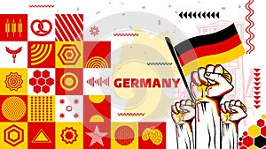 National day of Deutschland Germany banner with neo abstract geometric shapes, berlin landscape landmarks. German flag and map. Re