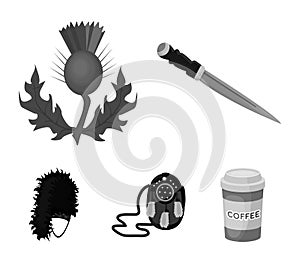 National Dirk Dagger, Thistle National Symbol, Sporran,glengarry.Scotland set collection icons in monochrome style
