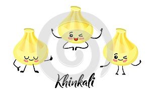 National dish of Georgian cuisine. Khinkali. Dumplings. . Semi-finished products with a shell of dough. Funny cartoon character. photo
