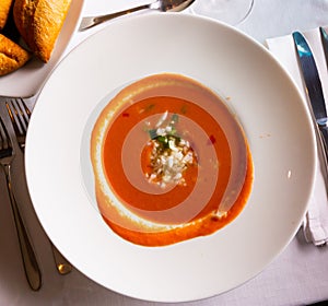 National dish of Spanish cuisine is cold Gaspacho soup