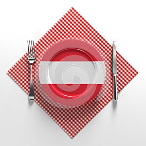 National dishes of Austria. Delicious recipes from Europe. Flag on a plate with food from Austria. 3D illustration.