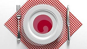 National dishes of Japan. Delicious recipes from Europe. Flag on a plate with food from Japan.