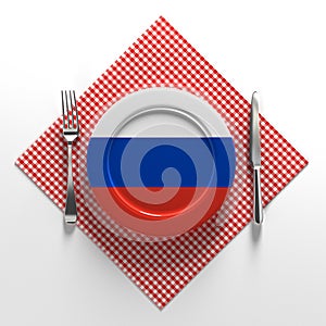 National dishes of Russia. Delicious recipes from Europe. Flag on a plate with food from Russia. 3D illustration.