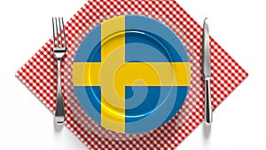 National dishes of Sweden. Delicious recipes from Europe. Flag on a plate with food from Sweden.