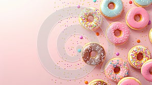 National Donut Day, lots of colorful donuts covered with icing and confetti, pink background, copy space, free