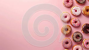 National Donut Day, lots of colorful donuts covered with icing and confetti, pink background, copy space, free