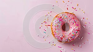 National Donut Day, one pink donut covered with icing and confetti, pink background, copy space, free space for