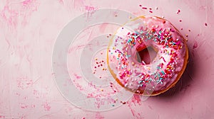 National Donut Day, one pink donut covered with icing and confetti, pink background, copy space, free space for
