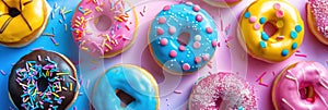 National Donut Day, a row of multi-colored donuts covered with icing and confetti, gradient pink blue