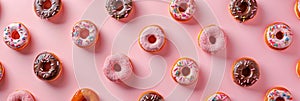 National Donut Day, a row of multi-colored donuts covered with icing and confetti, pink background