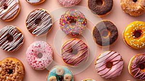 National Donut Day, a row of multi-colored donuts covered with icing and confetti, pink background